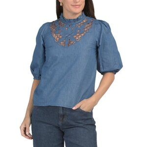 TULIP Denim Ruffle Neckline Cut Out Detail Top